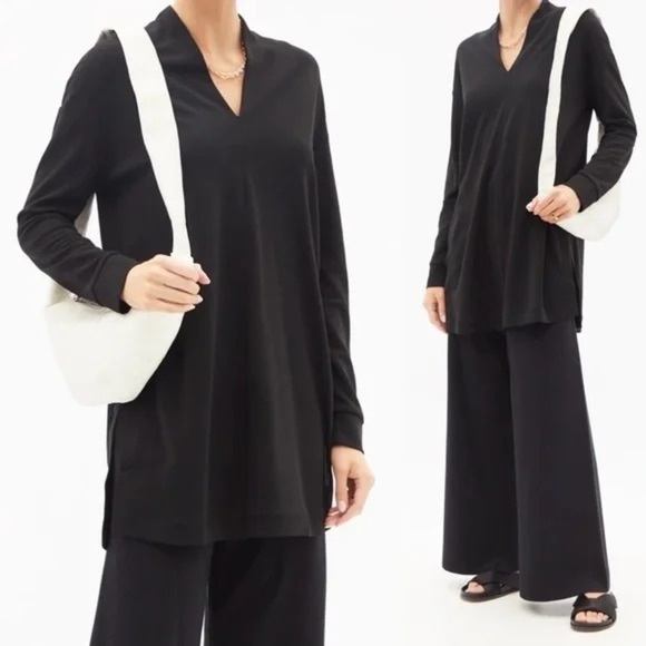 MaxMara Leisure Falla Tunic Top Long Sleeve V-neck Side Slits Black Size Medium - Picture 1 of 12